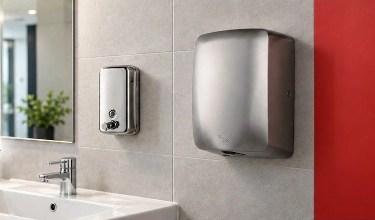 Sèche-mains et distributeur de savon inox dans un sanitaire