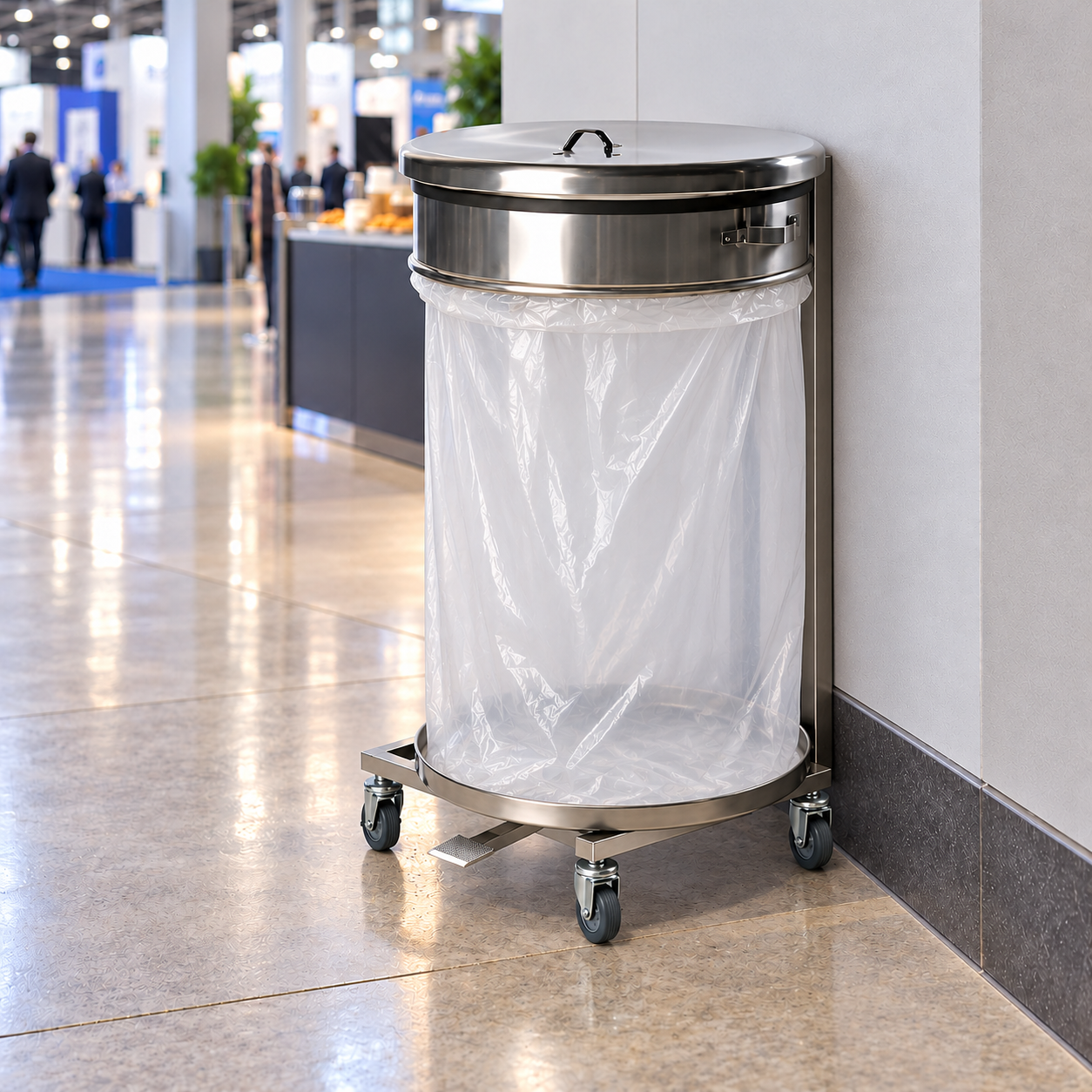 Support-sac mobile à pédale base ronde 110 L — Inox