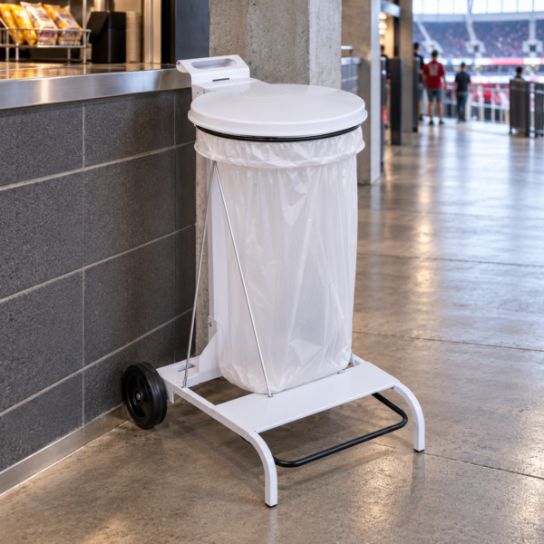 Support-sac mobile à pédale base carrée 110 L — Inox / Epoxy blanc