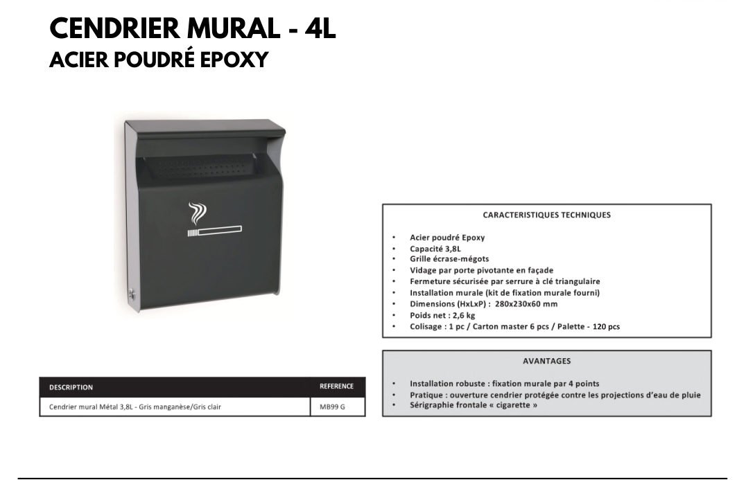 Cendrier mural 4 L — Acier poudré epoxy
