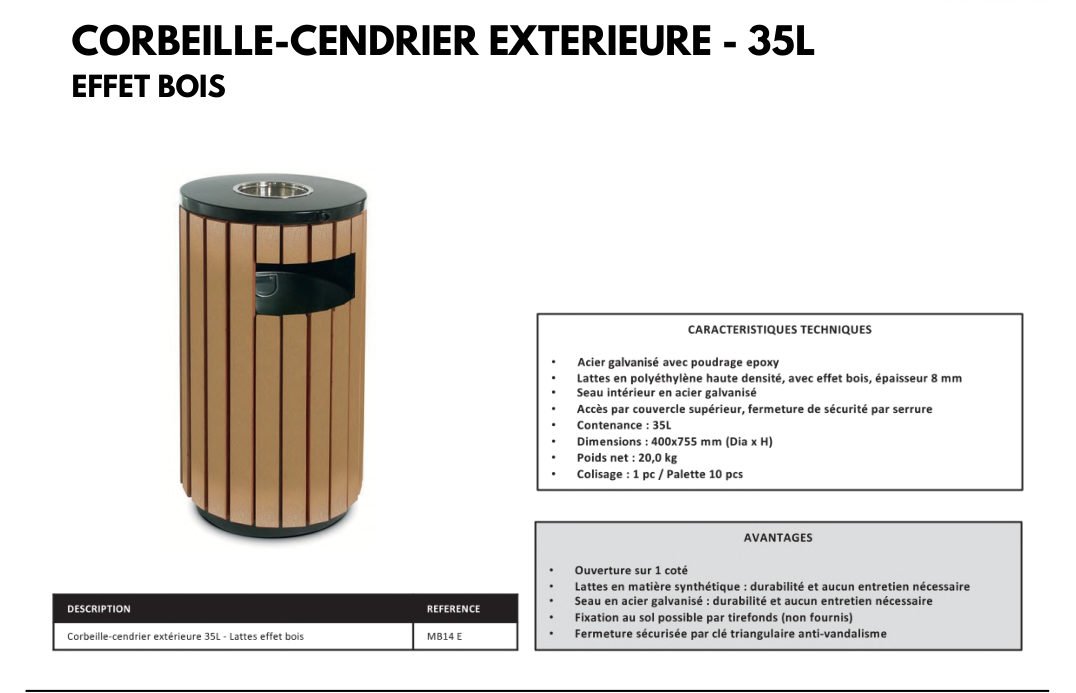 Corbeille-cendrier extérieure 35 L — Effet bois