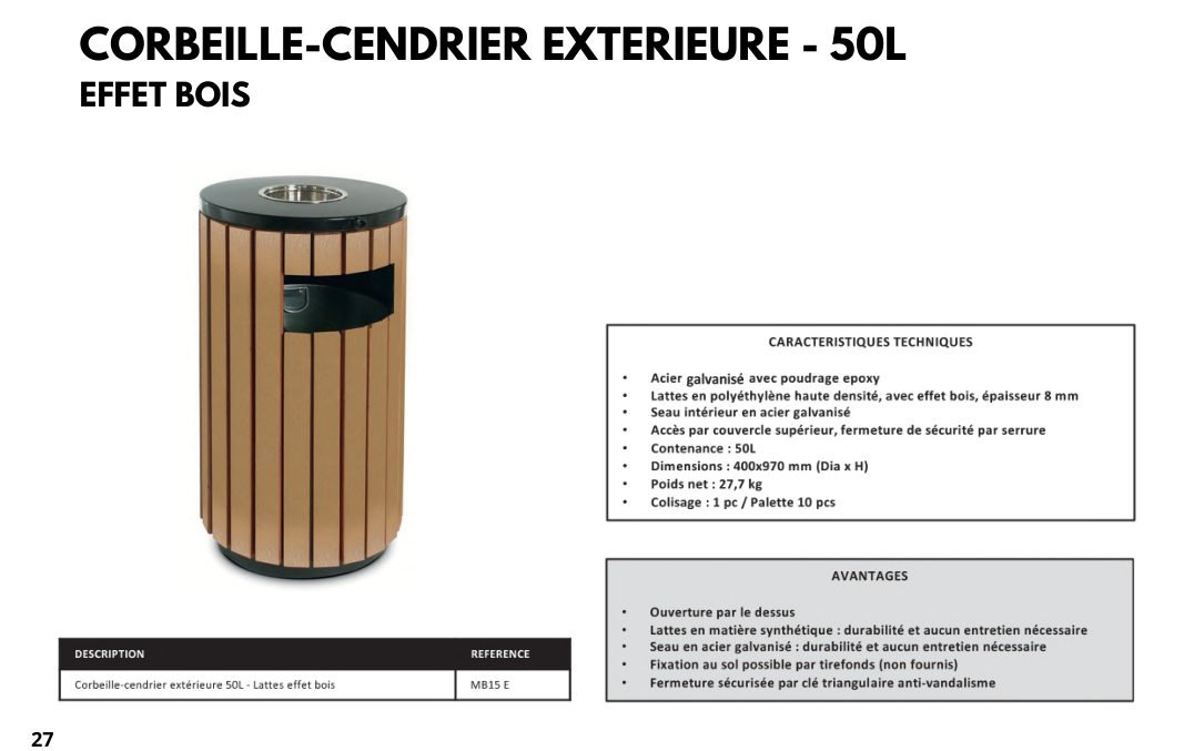 Corbeille-cendrier extérieure 50 L — Effet bois