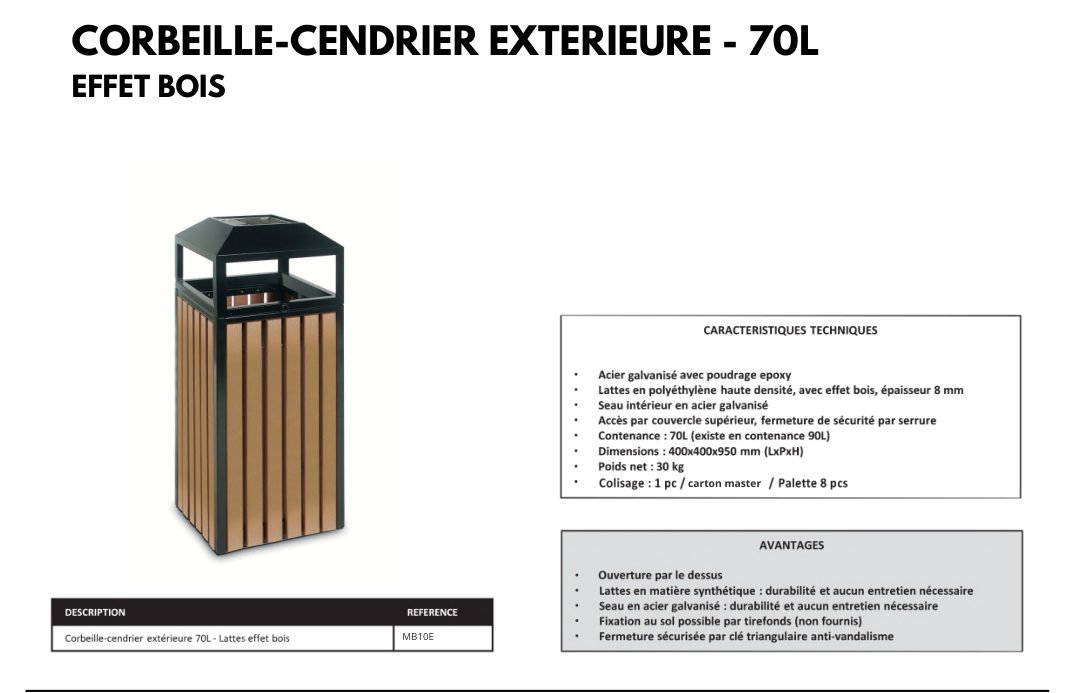 Corbeille-cendrier extérieure 70 L — Effet bois