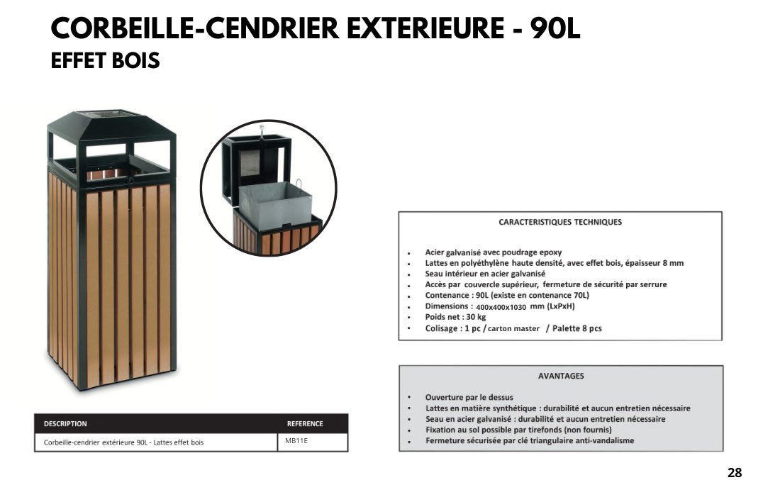 Corbeille-cendrier extérieure 90 L — Effet bois