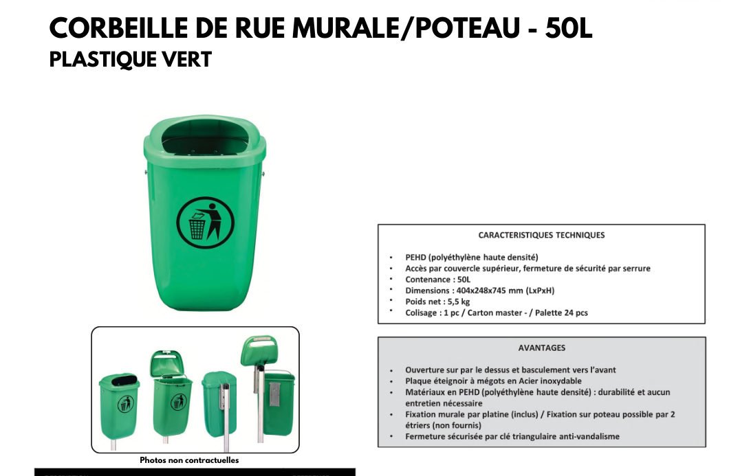 Corbeille de rue murale/poteau 50 L — Plastique vert