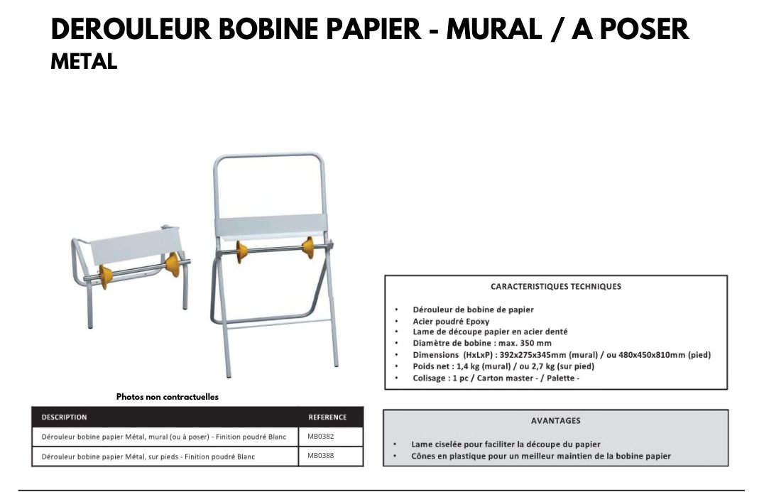 Dérouleur bobine papier — mural / à poser — Métal