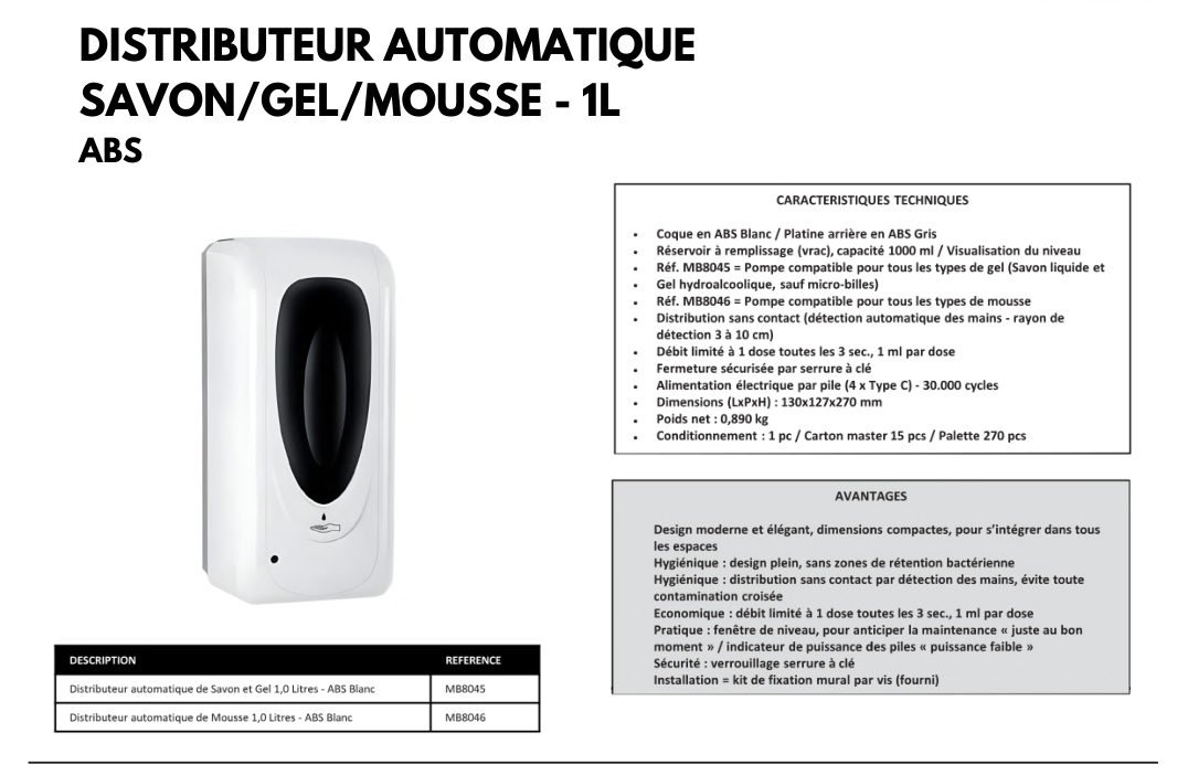 Distributeur automatique savon/gel/mousse 1 L — ABS