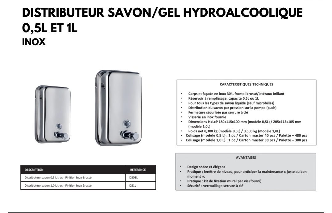 Distributeur inox de savon / gel hydroalcoolique