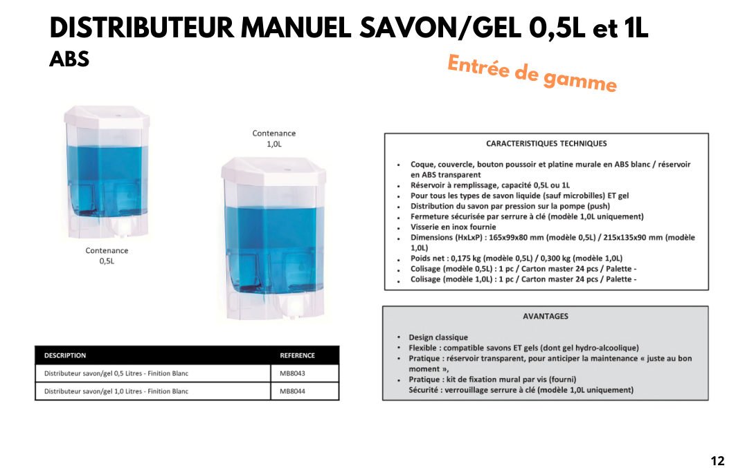 Distributeur manuel savon/gel 0,5 L et 1 L — ABS