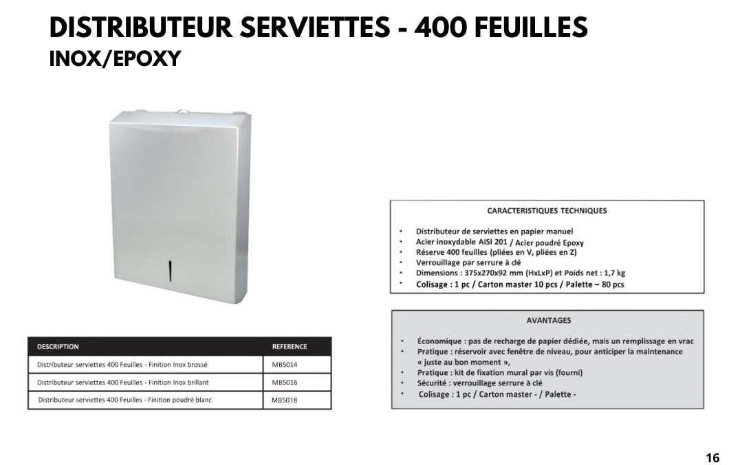 Distributeur serviettes 400 feuilles — Inox/Epoxy