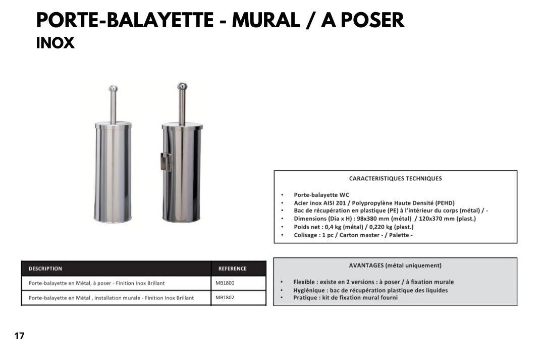 Porte-balayette WC — mural / à poser — Inox