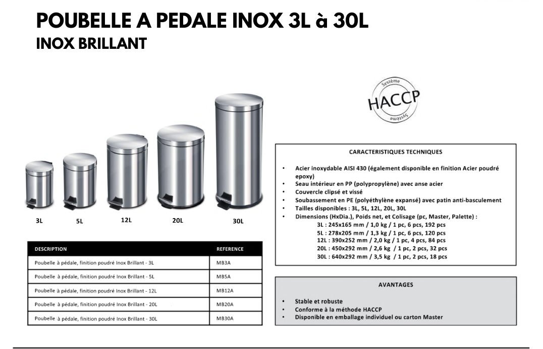 Poubelle à pédale inox 3 L à 30 L — Inox brillant