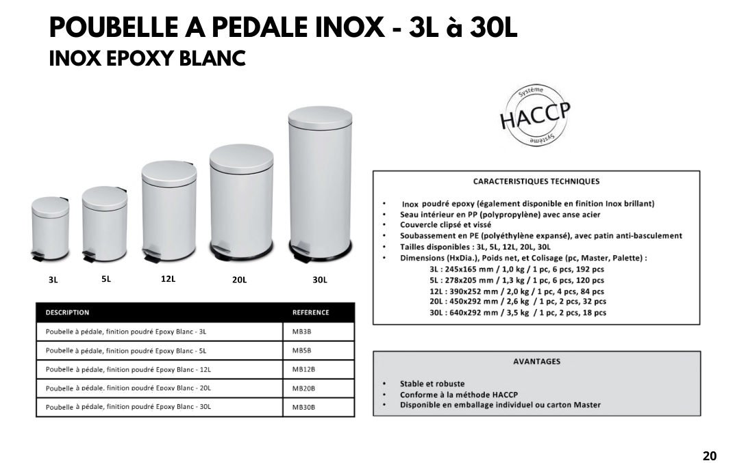 Poubelle à pédale inox 3 L à 30 L — Epoxy blanc