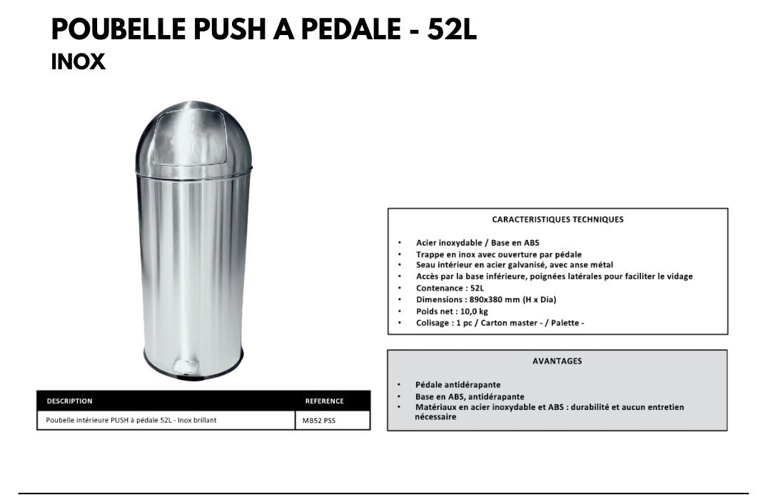 Poubelle push à pédale 52 L — Inox