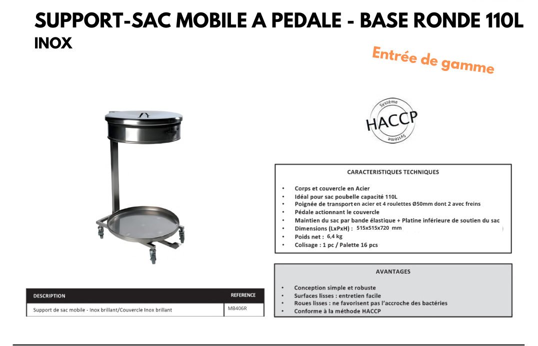 Support-sac mobile à pédale base ronde 110 L — Inox